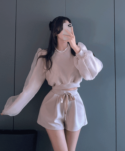 zanne-[우아+ 청순핏♥] 오간자 맨투맨 + 반바지 투피스 세트 - 잔느♡韓國女裝套裝