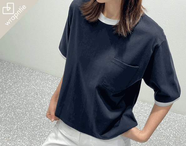 zoozoom - wt256/시보리배색 원포켓 코튼티셔츠♡韓國女裝上衣