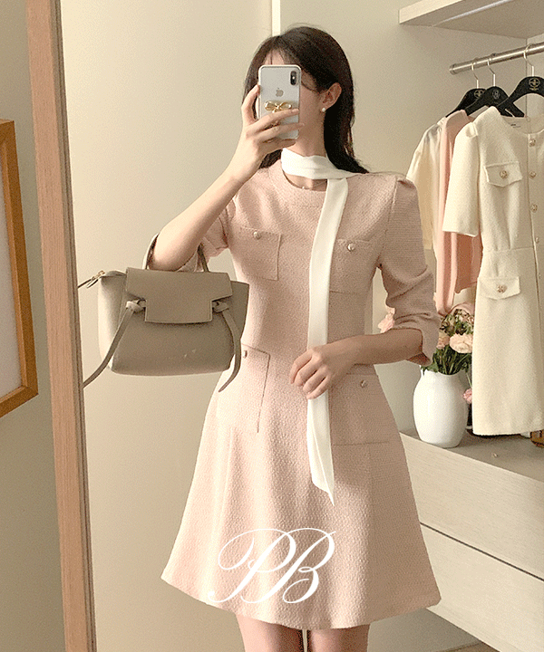 perbit - [모델소장] 에클레 스카프타이 트위드 미니 원피스 - 2color♡韓國女裝連身裙